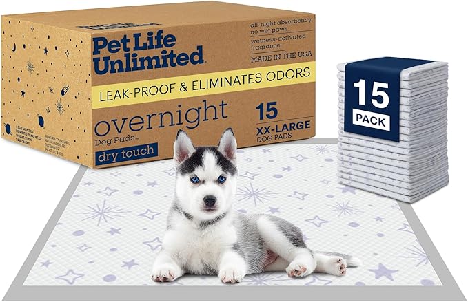 Pet Life Unlimited Overnight XXL Puppy Pads for Dogs, 30" x 36", 15 Count, Leak-Proof, Super Absorbent, Quick-Dry Potty Training Pads, Overnight Protection & Jasmine Honey Scent, Made in USA