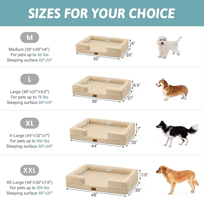 Cooling Dog Bed for Extra Large Dogs, Q-Max >0.4 Summer Cool Orthopedic Foam Pet Sofa Bed with Sides, Bolster Anti-Slip Couch with Washable Removable Cover, XXL 48x35x7.5 inch, Beige