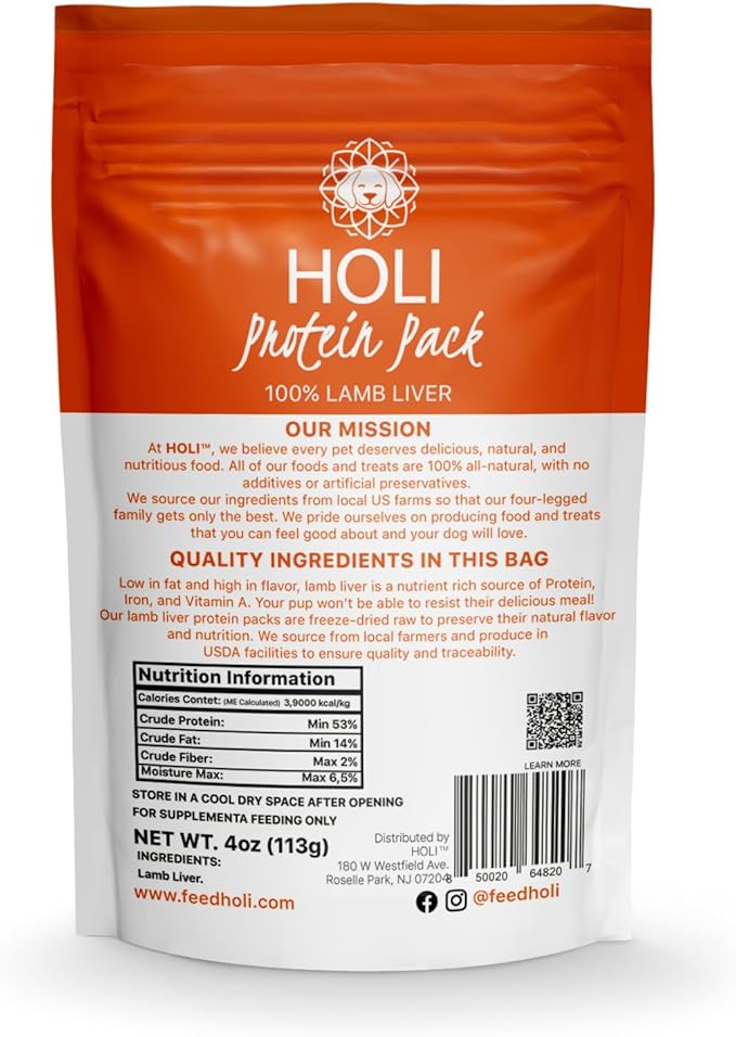 HOLI Lamb Liver Dog Food Topper – Freeze Dried Lamb Liver Dog Topper for Dry Food – Single Ingredient, Human-Grade Meal Topper for Picky Dogs – Grain Free & All Natural - 4oz