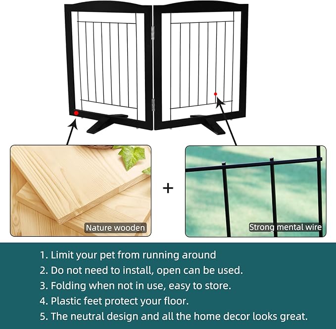 ZJSF Freestanding Dog Fence Indoor, Foldable Dog Gate for Doorways, Stairs or Hallways, Sturdy Wood Extra Wide Pet Gate with Support Feet for The House, Black, 24 "Height-2 Panels