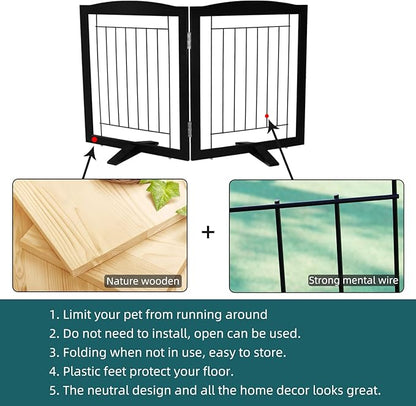 ZJSF Freestanding Dog Fence Indoor, Foldable Dog Gate for Doorways, Stairs or Hallways, Sturdy Wood Extra Wide Pet Gate with Support Feet for The House, Black, 24 "Height-2 Panels
