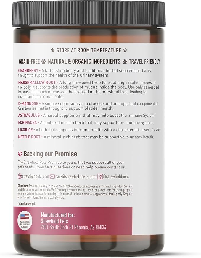 Strawfield Pets Cranberry Bladder & UTI Chews for Dogs D-Mannose + Vitamin C for Urinary Tract Support Bacon Flavored Soft Chews 120 softchews