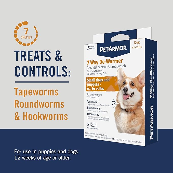 PetArmor 7 Way De-Wormer for Dogs, Oral Treatment for Tapeworm, Roundworm & Hookworm, Small Dog Dewormer (6-25 lbs) with Praziquantel & Pyrantel Pamoate, 6 Flavored Chewables