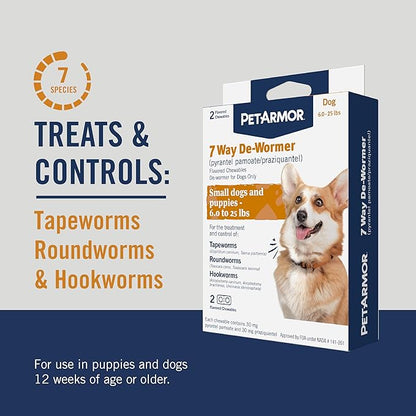 PetArmor 7 Way De-Wormer for Dogs, Oral Treatment for Tapeworm, Roundworm & Hookworm, Small Dog Dewormer (6-25 lbs) with Praziquantel & Pyrantel Pamoate, 6 Flavored Chewables