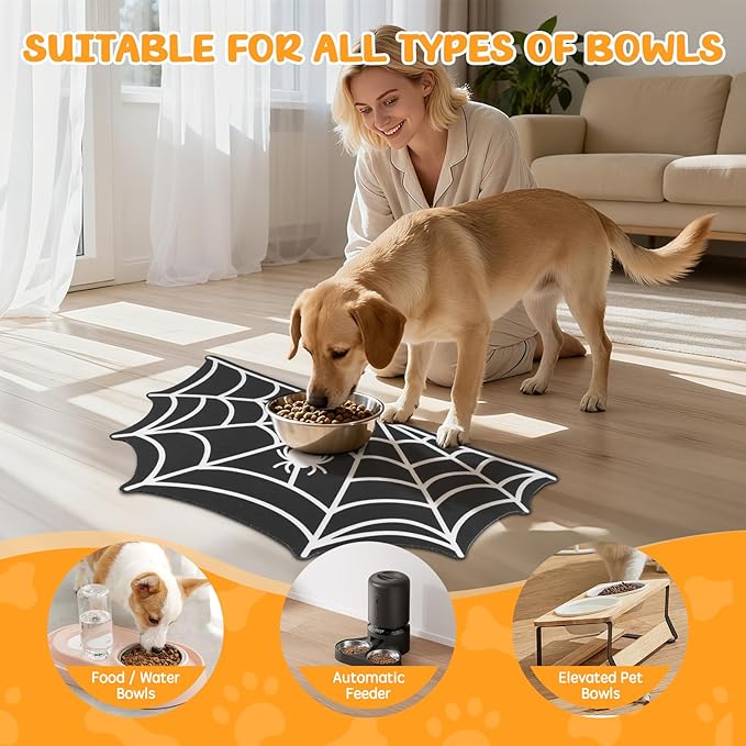 Dog Cat Food & Water Mat, Spider Web Pet Feeding Mat for Floor Non-Slip Waterproof, Super Absorbent Quick Dry Placemat Pet Food Bowl Mat, Halloween Decor, Pets Accessories Indoor (16 * 24 in)