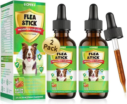 Flea and Tick Prevention for Dogs, 60 ML (2 FL OZ) 2 Pack Natural Oral Flea and Tick Drops for Dogs Containing Multivitamin All Breeds and Sizes Fleas Control for Dog Bacon Flavor