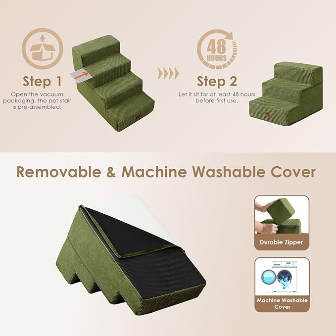 EHEYCIGA Dog Stairs for Small Dogs 13.5" H, 3-Step Dog Steps for Couch Sofa and Chair, Pet Steps for Medium Cats, Non-Slip Balanced Pet Ramp Indoor, Olive Green