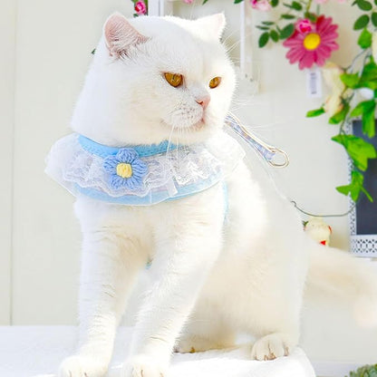 Cat Harness Collar and Leash Set, Sweet Lace Floral Kitten Collar, Escape Proof Puppy Chest Harness, Adjustable Cute Harness Leash Set for Cat Puppy Dog Outdoor Walking (Blue, S)