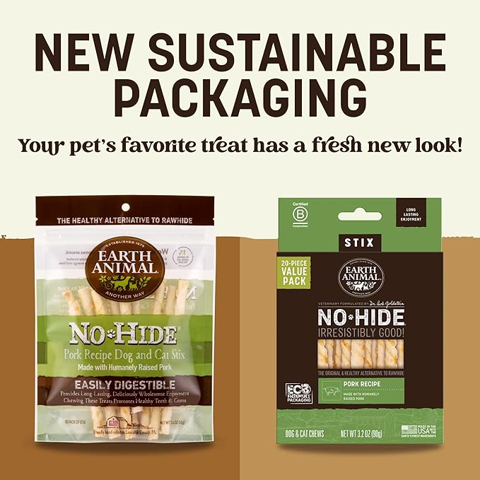 Earth Animal No Hide Stix - Long Lasting Rawhide Free Small Dog Chews Sticks, Pork - 10 Count
