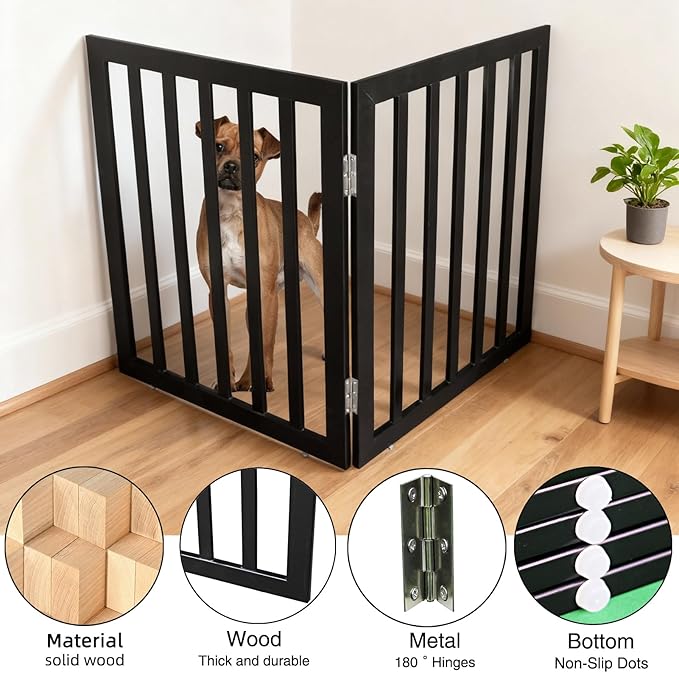 ZJSF Freestanding Indoor Dog Gate for House Foldable Wood Black Puppy Gate for Doorways Pet Gate for Stairs Extra Wide Pet Fence 32" Height 2 Panels