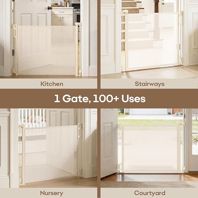 SPACEANY Retractable Safety Baby Gate or Mesh Dog Gate,Durable Portable Mesh Retractable Gate,Easy to Use for Stairs, Doorways, Hallways, Indoor, Outdoor, 33.5" Tall, Up to 45" Wide, Cream