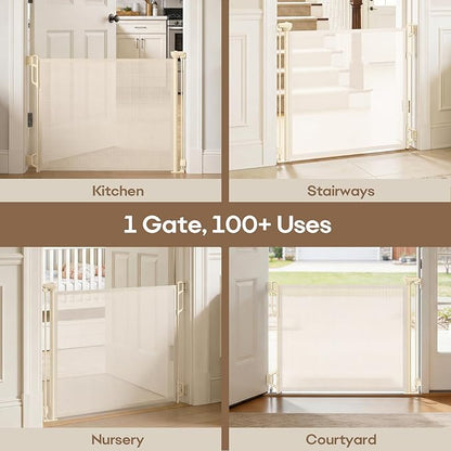 SPACEANY Retractable Safety Baby Gate or Mesh Dog Gate,Durable Portable Mesh Retractable Gate,Easy to Use for Stairs, Doorways, Hallways, Indoor, Outdoor, 33.5" Tall, Up to 45" Wide, Cream
