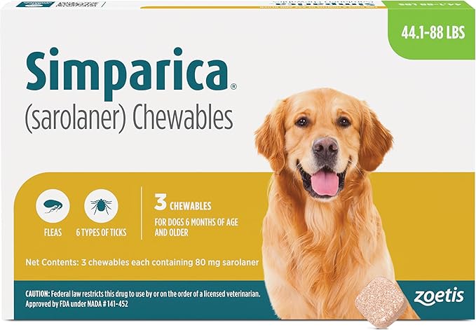 Simparica (sarolaner) Chewables for Dogs, 80 mg/tab, 44.1-88 lbs (Green), 3 Tablets