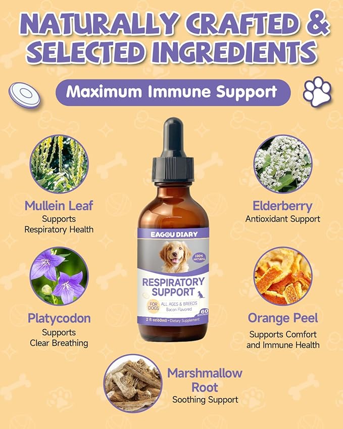 EagouDiary Dog Cough Treatment,Liquid Kennel Cough Treatment with Lysine, Mullein, Vitamins,Natural Supplement for Canine Respiratory, Sneezing, Dry, Wet & Barky Relief (60mL/2 Fl Oz)