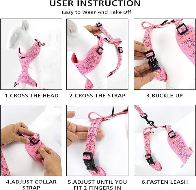 Dog Harness and Leash Collar Set with Dog Poop Bag Holder and Bandanas, Escape Proof Adjustable Puppy Cat Vest with Soft Mesh Padded, Pet Supplies for Small Medium Large Dogs Kitten(Purple, L)