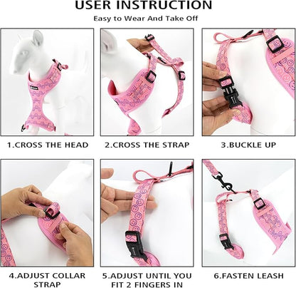 Dog Harness and Leash Collar Set with Dog Poop Bag Holder and Bandanas, Escape Proof Adjustable Puppy Cat Vest with Soft Mesh Padded, Pet Supplies for Small Medium Large Dogs Kitten(Purple, M)