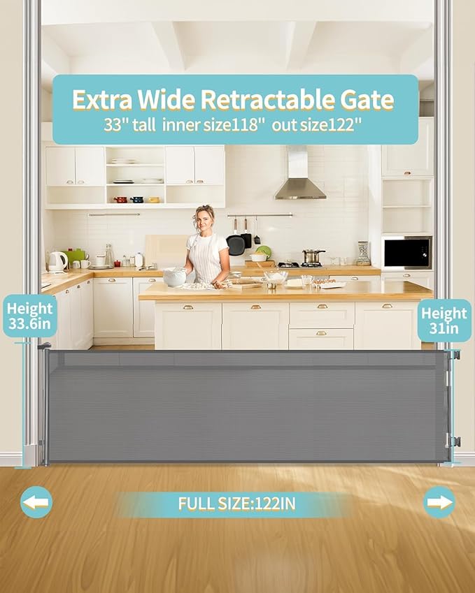 Retractable Baby Gate for Stairs – 33” Height, Expands up to 118” Width – Safety Gate for Infants, Toddlers, Dogs & Pets – Easy Install, Secure Closure, Gray Mesh Design for Indoor & Outdoor Use