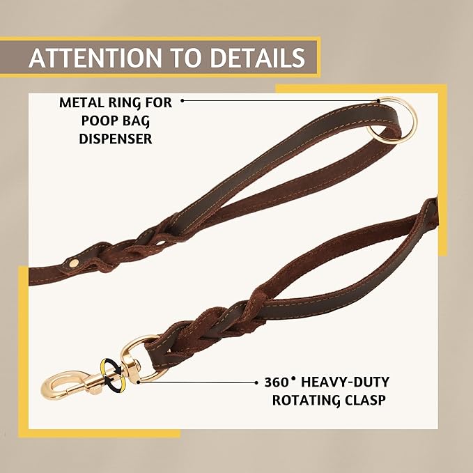 ADITYNA - Double Handle Leather Dog Leash 6ft - Heavy Duty Braided Dog Leash with Traffic Handle for Mastiff, Saint-Bernard, Rottweiler - Lead for Extra-Large Breeds (Brown, Two Handles 6 Foot x 1")