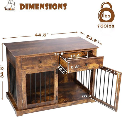 LEMBERI 44 Inch Large Dog Crate Furniture, Wooden Dog Kennel End Table with Storage Drawers, Decorative Pet Cage Dog House Indoor for Dogs, Brown