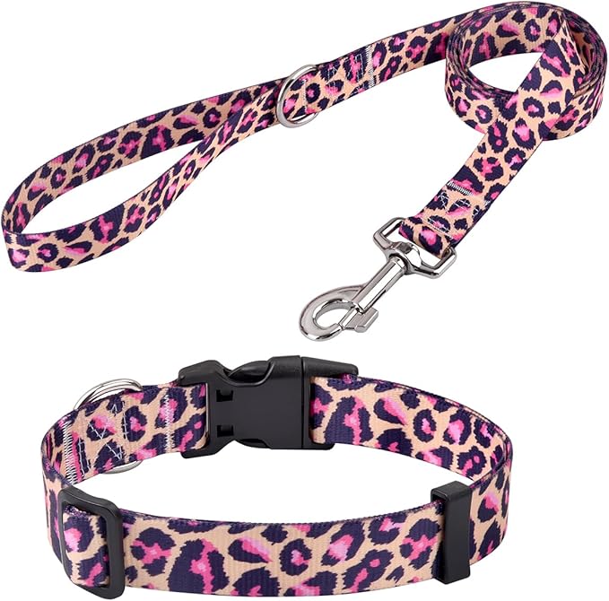 Mihqy Dog Collar and Leash Set with Bohemia Floral Tribal Geometric Patterns - Soft Ethnic Style Collar Adjustable for Small Medium Large Dogs(Pink Leopard Set,M)