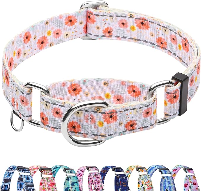 Reflective Martingale Collar for Dogs Nylon Training Collar with No Buckle Cute Floral No Pull Dog Collar for Small Dogs（White Flower，S）