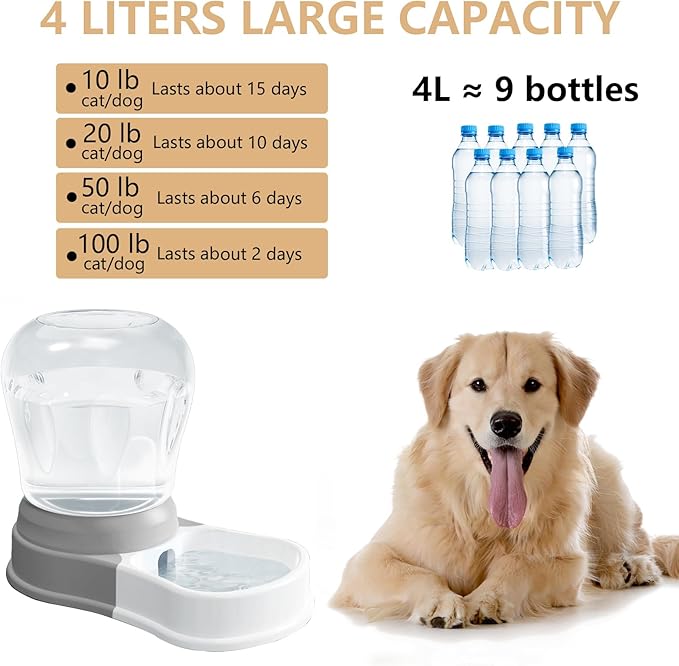 STALTWO 1 Gallon Automatic Dog Water Dispenser, Large Capacity Gravity Pet Water Bowl for Multiple Pets, BPA-Free Cat Water Feeder for Large Dogs, Refill Less Often, Grey