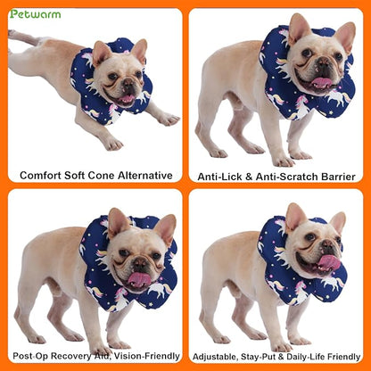 PetWarm Recovery Collar for Dogs, Dog Recovery Collar, Lightweight Pet Neck Protector with Memory Foam Padding, Gentle No-Lick Flower Design for Calm Rest and Travel, Unicorn Print, Blue, L
