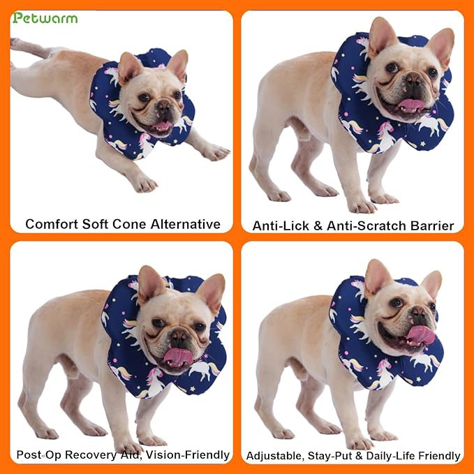 PetWarm Recovery Collar for Dogs, Dog Recovery Collar, Lightweight Pet Neck Protector with Memory Foam Padding, Gentle No-Lick Flower Design for Calm Rest and Travel, Unicorn Print, Blue, S