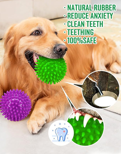 Pweituoet 4.5” Heavy Duty Squeaky Dog Balls for Medium Large Dogs, Dog Toys for Aggressive Chewers, Spike Ball Toys for Clean Teeth and Training(2 Pack) (4.5" Purple and Green)