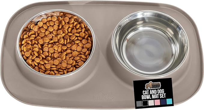 GORILLA GRIP Feeding Mat Bowl Set, 3 Cup 100% Waterproof BPA Free Silicone Base, 304 Stainless Steel Cat and Dog Bowls for Food and Water, Slip Resistant, High Edge, US Designed, Patent Pending, Beige