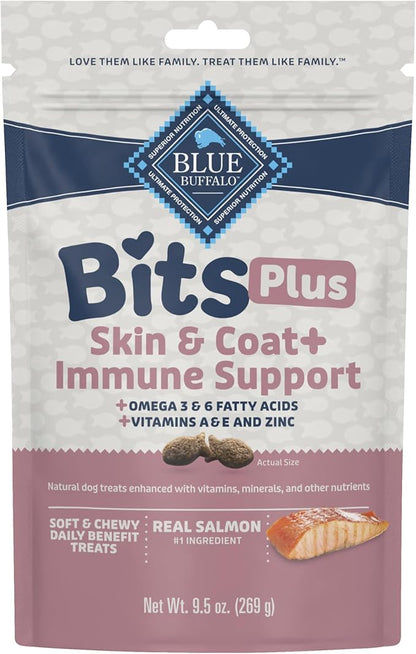 Blue Buffalo Blue Bits Plus Skin & Coat and Immune Support Daily Benefit Dog Treats, Soft & Chewy Salmon Morsels, 9.5-oz. Bag
