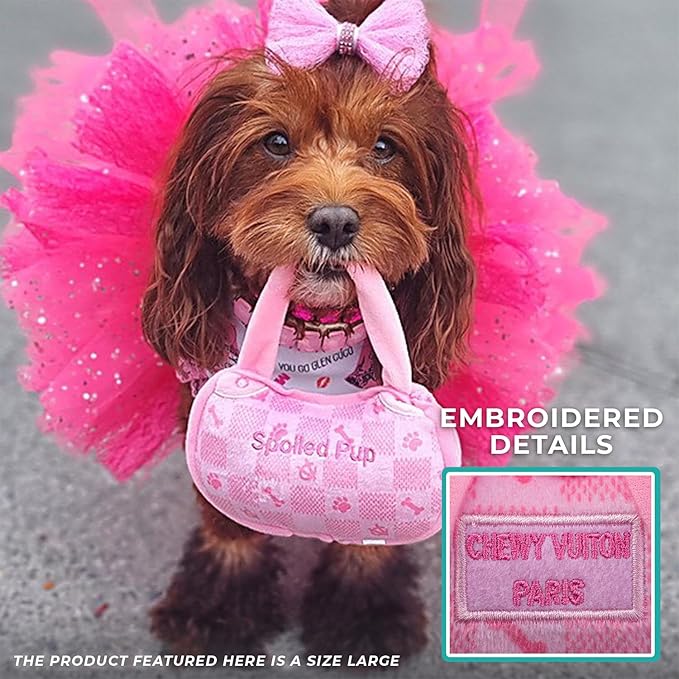 Haute Diggity Dog Chewy Vuiton Handbag Plush Squeaky Dog Toy, Soft Durable Designer-Inspired Stuffed Puppy Chew Toys for Small & Medium Dogs, Machine-Washable (Pink Checker) Small