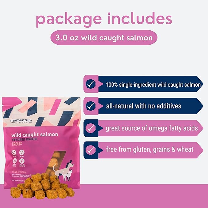 Momentum Carnivore Nutrition Freeze-Dried Wild-Caught Salmon Dog Treats & Cat Treats – Single-Ingredient, High-Protein, Grain-Free, Natural Source of Omega-3s – Made in USA – 3 oz Bag