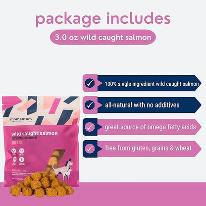 Momentum Carnivore Nutrition Freeze-Dried Wild-Caught Salmon Dog Treats & Cat Treats – Single-Ingredient, High-Protein, Grain-Free, Natural Source of Omega-3s – Made in USA – 3 oz Bag