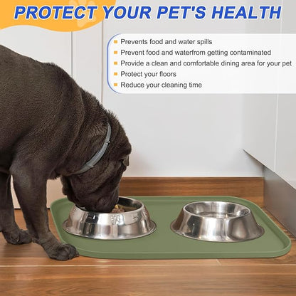 SMILOOL Silicone Pet Feeding Mat with Raised Edge for Food and Water, Dog Bowl Mats, Cat Bowls Placemat with High Lip for Floor Waterproof, Rubber Tray for Cats and Dogs 24 x 16 x0.8 Light Olive Green