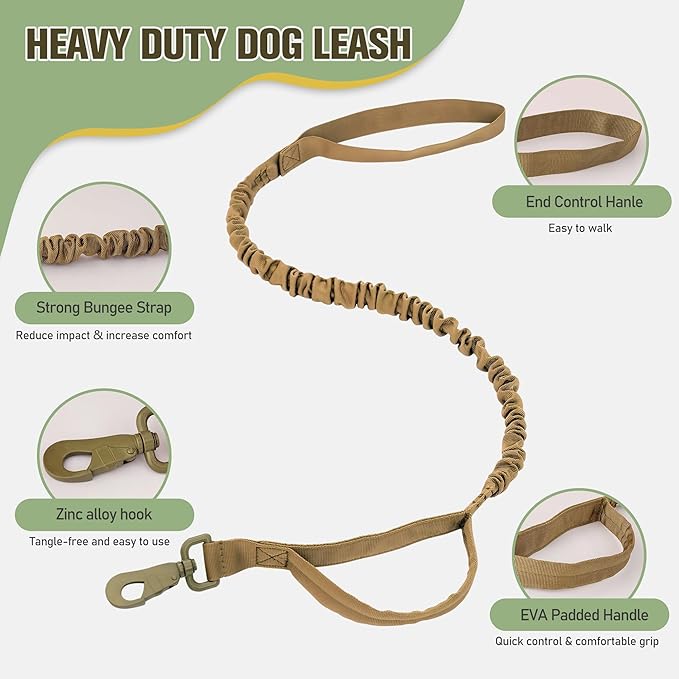 Tactical Dog Harness for Large Dog, Dog Collar and Bungee Leash Set No-Pull Military Dog Harness - Walking Training Gear for Large Dogs, Adjustable for Medium,Chest 21.5"-45", Khaki