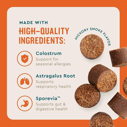VetIQ Allergy Pro+ Soft Chews for Dogs, Dog Allergy Chews, Seasonal Support, Colostrum, Astragalus Root, Sporevia, Hickory Smoke Flavor, 60 Count
