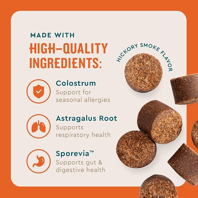 VetIQ Allergy Pro+ Soft Chews for Dogs, 60 Count, Seasonal Allergy Support, Colostrum, Astragalus Root, Sporevia, Hickory Smoke Flavor (Pack of 2)