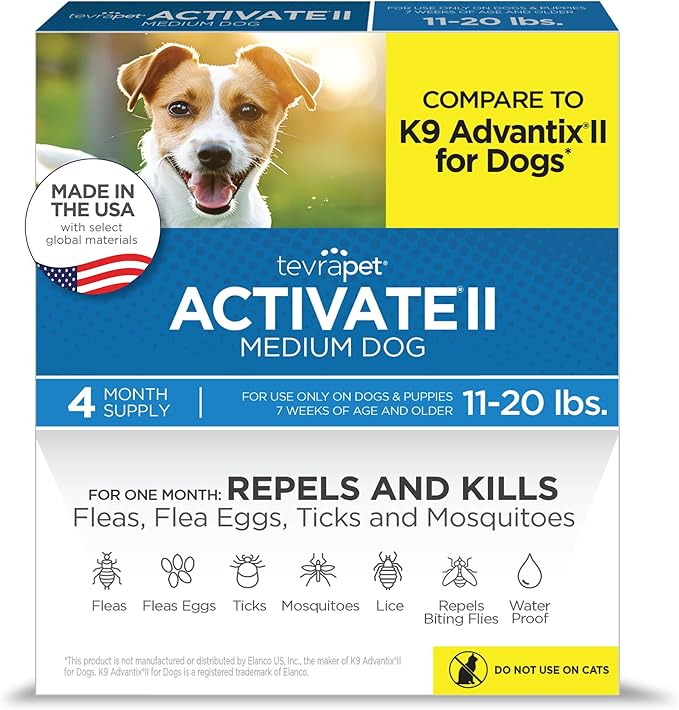 TevraPet Activate II Flea and Tick Prevention for Dogs | 4 Count | Medium Dogs 11-20 lbs | Topical Drops | 4 Months Flea Treatment