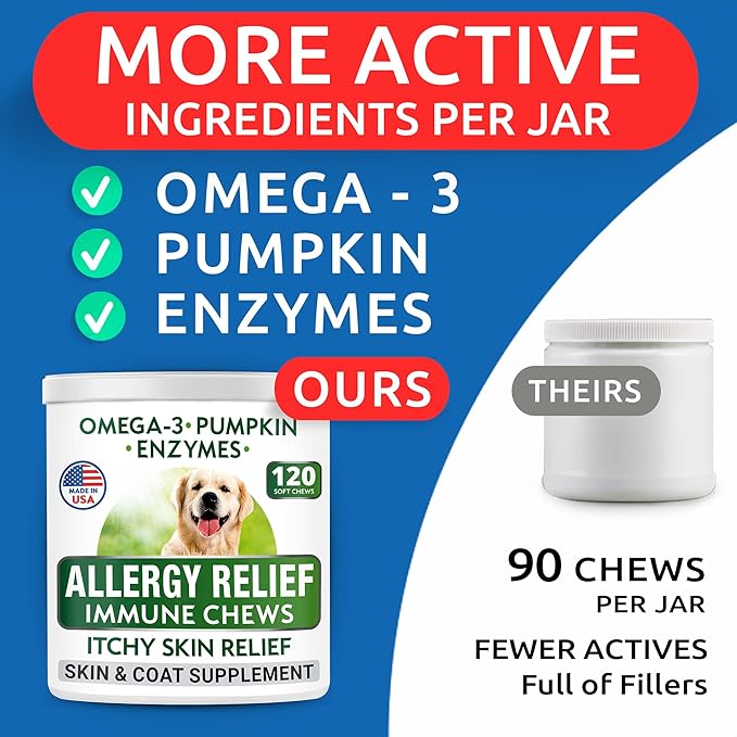 BARK&SPARK Dog Allergy Relief Soft Chews for Skin Health & Seasonal Allergies - Anti-Itch Supplement w/Omega-3, Quercetin & Bromelain Immune Treats for Dry Skin & Hot Spots - Chicken - 120ct