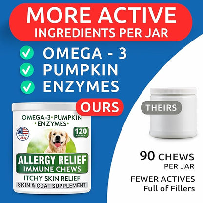BARK&SPARK Dog Allergy Relief Soft Chews for Skin Health & Seasonal Allergies - Anti-Itch Supplement w/Omega-3, Quercetin & Bromelain Immune Treats for Dry Skin & Hot Spots - Chicken - 120ct