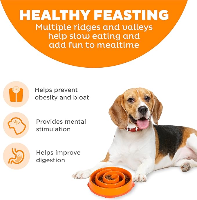 Outward Hound Fun Feeder Slo Bowl – Medium 2‑Cup Capacity, Slow Feeding, Small to Medium Dogs & Cats, Non-Slip, Orange, Swirl Pattern