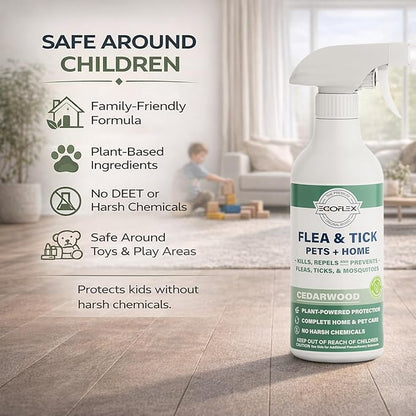 Flea Spray for Home & Pets - Flea and Tick Prevention for Dogs - Plant Based Repellent with Natural Essential Oils for Dog Flea Treatment Protection - Cedarwood Scent - 16 Fl Oz