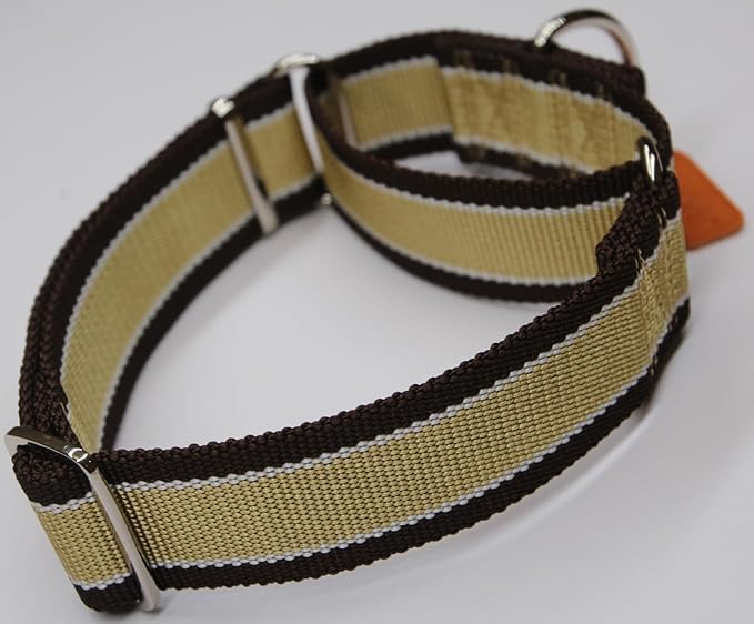 Martingale Collar 1.5 Inch Wide 1600D Extra Strong Anti Escape Nylon Dog Collar, No Pull Heavy Duty Pet Collars with 3-Color Stripe for Medium Dogs (M, Khaki & Dark Brown)