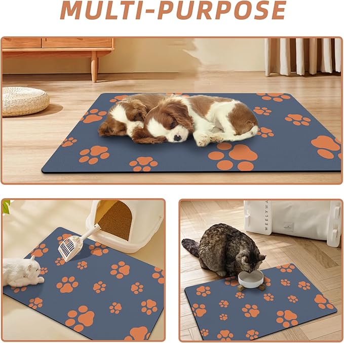 18"×30" Dog Food Mat-Absorbent Dog Mat for Food and Water, No Stains Quick Dry Cat Food Bowl Mat with Footprints for Messy Drinkers,Blue