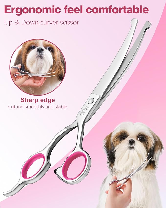 Furry Professional Pet Grooming Scissors with Safety Round Heads - 6 in 1 Curved Scissors for Dogs and Cats