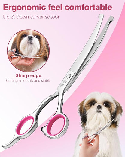 Furry Professional Pet Grooming Scissors with Safety Round Heads - 6 in 1 Curved Scissors for Dogs and Cats
