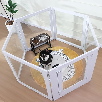 Heavy Duty Clear Acrylic Dog Playpen, 32" Height Transparent Pet Pen, Metal Frame Easy Assemble Kennel Enclosure, Ideal for Small to Medium Dogs, Cats, and Other Small Pets (White, 6 Panels with door)