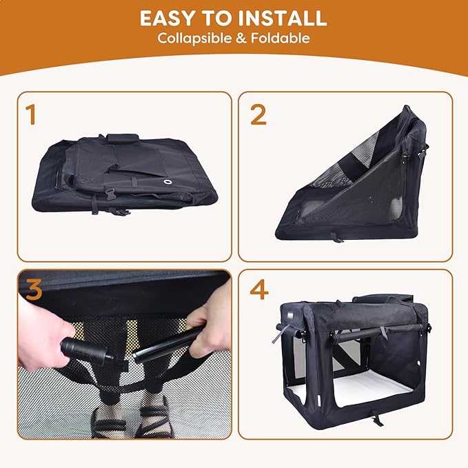 JESPET Soft Dog Crates Kennel for Pets, 3 Door Soft Sided Folding Travel Pet Carrier with Straps and Fleece Mat for Dogs, Cats (Graphite Black, X-Large(36" L x 24" W x 27" H))