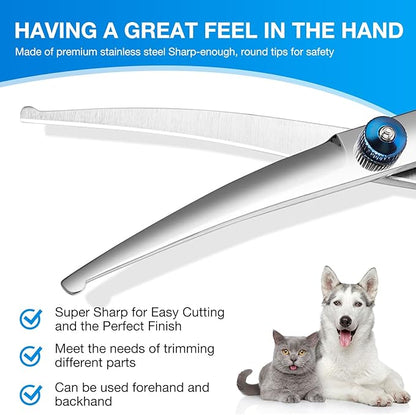 Dog Grooming Scissors Curved Shears Set Rounded Trimming Scissors for Professional Pet Dogs Cats Doodles Face Paws Matted Hair Removal at Home Use Supplies Station for Carding Tools and Trimmer